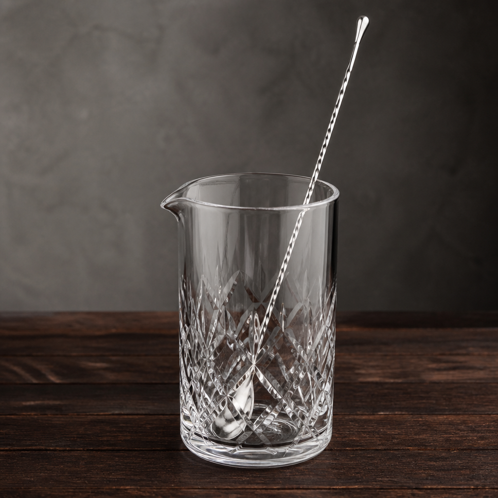 Mixing glass, jigger, and bar spoon